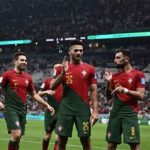 Pemain Portugal melakukan selebrasi dalam laga 16 besar Piala Dunia 2022 melawan Swiss di Lusail Stadium, Lusail, Doha pada 7 Desember 2022.