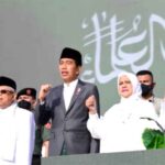 Presiden Jokowi beserta Ibu Iriana Joko Widodo menghadiri resepsi puncak satu abad Nahdlatul Ulama (NU) yang digelar di Gelora Delta Sidoarjo, Kabupaten Sidoarjo, Provinsi Jawa Timur, Selasa (7/2/2023).